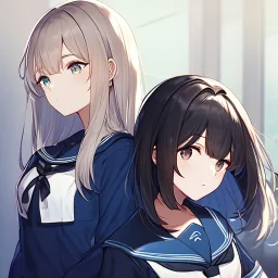 High quality, Detailed, 2girls, looking at eachother very angrily, both wearing a sailor uniform