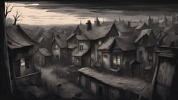 (Masterpiece) View from window, little village in end of afternoon, dark horror art style, extreme quality, draw, second floor, looking to the village, not much houses, variety of houses styles