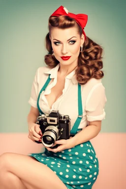 Portrait of a woman photographer, pin-up style