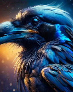 a mesmerizing and vibrant cinematic photograph of a raven in an extreme close-up, positioned in a-profile, showcasing its mysterious demeanor, with some scars on its plumage, slightly ruffled grey feathers underneath, and one of its feathers adorned with an elegant golden detail, as if kissed by sunlight, set against a soft, gradient background that shifts from deep blues to purples, evoking an enchanting atmosphere, with a subtle, cinematic film grain texture, imbuing the image with a sense of