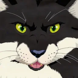 Portrait of a fluffy tuxedo cat near a black cat with yellow eyes