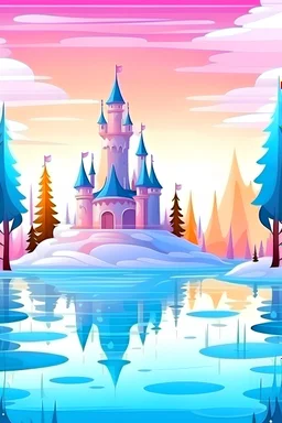cartoon illustration: a large beautiful frozen lake and next to the lake is a magical castle