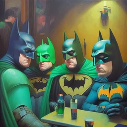 An oil painting of a dark universe masonic sad drunk batman cosplay convention, green batman, orange batman, cyan batman, white batman. Gopro camera.