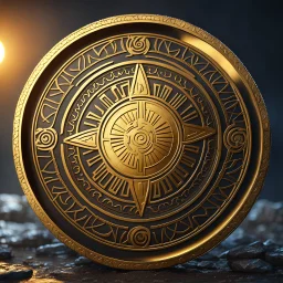 a gold coin called a gold sun standing on edge. ancient viking runes. flat coin. show one whole coin front on at a distance. fantasy concept art, exquisite realism, a masterpiece, dynamic lighting, hyper detailed, intricately detailed, deep color, Unreal Engine, volumetric lighting , Epic cinematic brilliant stunning intricate meticulously detailed dramatic atmospheric maximal,