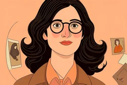 Wes Anderson cartoon of a dark haired and brown eyed woman who is a feminist and a web designer