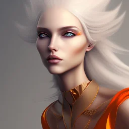 fantasy setting, woman with bicolor hair in shades of orange and white, more white hair
