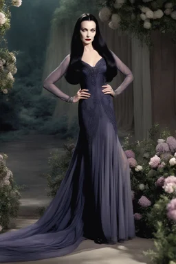 Morticia Addams glided by his side with graceful elegance. For unlike her family's usual severe aesthetics, today Morticia had chosen to clad herself in the whimsical styles of Christian Dior. She wore an ankle-length dress of silk chiffon in a muted watercolor print of lavenders, sea blues, and shadowed greys. The slim skirt and fitted bodice draped lovingly over her lithe figure. A halter neckline gently displayed her alabaster shoulders. A wide-brimmed hat of the same printed silk shaded her