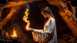 a sad woman with brown braid hair in profile in a scary cave, holding a flame in her palm in a white vintage long-sleeved nightgown, the inside of the cave is illuminated by the flame with yellow light,, close shot, detailed, high realistic, perfect photo, dramatic, dark fantasy