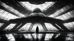 dark, wet, mysterious gigantic old futuristic sci-fi hangar, very high ceiling, girl looking at spaceship landing, photographic, black and white