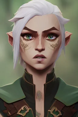Elf Ranger, dnd character portrait, pale green eyes, blonde hair, earth tone clothes, hyperrealistic, intricate details, insanely detailed, forest background, natural lighting