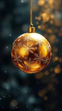 a shiny golden Christmas ball hovering in the air, creating a festive atmosphere. The ball is adorned with snowflakes, giving it an enchanting appearance. As the ball floats in the air, it leaves a trail of glitters and little snowflakes behind, holiday spirit, blur background with gold glitters, hig realistic, perfect shot, professional photo