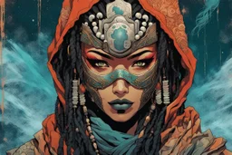 front facing portrait illustration of a grunge armored female , beaded dreadlock hair, cyberpunk vampire mercenary wearing an ancient ornate japanese kitsune mask , and shemagh, highly detailed with gritty post apocalyptic textures, caught in a cosmic maelstrom of swirling gases , finely detailed facial features and hair, in the graphic novel style of Bill Sienkiewicz, and Jean Giraud Moebius, ink wash and watercolor with realistic light and shadow