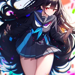 Clear focus, High resolution, long black fluffy hair, red eyes, chopped bangs, wearing a sailor uniform, wearing a sailor skirt, colorful, hollywood, female, human, mortal, thin legs, no outlines, extreme close up