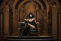 a slim Cleopatra, with a bob hairstyle, as a burlesque dancer in black boots, standing next to a black gothic throne, in a steampunk setting,