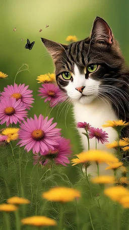 Love cat , add a butterfly watched the cat on a wild flowers to this picture