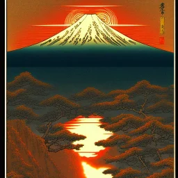 Ukiyo-e Style , mount fuji, sun set