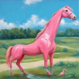 Big pink plastic toy horse.19th painting