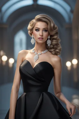 full body woman, from Russian Federation , elegant dress, elegant curled hair , 19 years old ,earring, nice make up,8k, Candid avant garde portrait, charming woman, wearing Lovely Flower Diamond Pendant, octane render 3d, plastic material