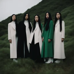 a group of women standing on top of a lush green hillside, inspired by Ren Hang, design milk, long black hair, whites, wanderers traveling from afar, trending on artisation, cloning spell, coat pleats, in twin peaks, submarine, by Helen Thomas Dranga, symetry, round-cropped, noire photo