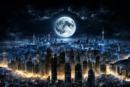 one big mystic full moon over the city, dark night, high detailied , high realistic, high qulity, stunning, perfect photo