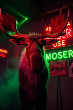 An big female moose with big eyes "Veronika Moser" performing at dance club, her name is "Moser" HAIRY FRUITS EVERYWERE On stage, Green Neon lights and smog, and "VERONIKA MOSER" big sign on the wall, "DU UND ICH UND MOSER" red plate sign, Yellow warning sign with moose