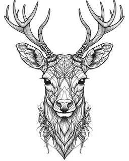 realistic deer head tattoo idea, line art, background, vector, svg, black outline on white background, leave plenty of white space beetween lines for coloring, tattoo style, tattoo idea,full body, minimalist