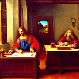 leonardo da vinci works in his study on a laptop at his desk. painting in photoshop. hyperdetailed, warm colors, movie poster, photoillustration, oil on canvas, lens flare