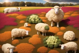 lifelike photography, vegetable and fruit landscape, broccoli forest, chive field, cauliflower sheep, orange sun, whipped milk clouds, raspberry flowers, cheese barn and haystack in sunshine, surrealistic