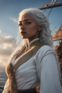 twenty-year-old mulatto sorceress, with wavy snow-white hair, sadly looking at the horizon on the bow of a ship, with the wind blowing her hair.