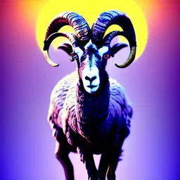 A bighorn sheep ram warrior full blue and yellow body armor with fierce and wild look, highly detailed, digital art, sharp focus, trending on art station, standing on all fours with one hoof on an american football, field of grass, background mountain peaks sunset sky of blue and yellow, design by charlie bowater, ross tran, artgerm, and makoto shinkai, detailed, colors #003594 #FFA300 #FF8200 #FFD100 throughout