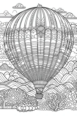 A colorful hot air balloon festival.coloring book page, simple and clean line art, adult drawing book, black and white, crisp black lines, no shades, sharp lines, coloring book for adults, cartoon style, landscape