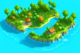 Make a satellite view of a small boat shaped tropical island that has jungle and fruit trees with a small mountain on one side of the island. A small stream flows through the island by a lagoon where a rock platform lay. The island is surrounded by coral reefs.