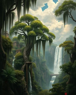 Bosch painting style, nightmare , the hanging gardens of Babylon, trees Middle Eastern , building waterfalls , great quality picture with cinematic scenes , heavy clouds in the background