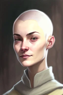 full color portrait drawing, portrait, fantasy setting, 22-year old friendly female human cleric, shaved head, light eyebrows, grey eyes