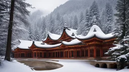 2055, rule of thirds, delightful, sensitive, confident, undulating sinusoidal monastery with pointed hyperbolic roofs, forest, delicate, thick snow, symmetrical, exquisite architecture, innovative design, perfect symmetry, award-winning photograph, beautiful composition, filled with beautiful detail, delicate colour, chiaroscuro