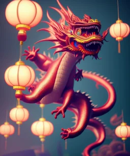 cute baby chinese dragon surrounded by lanterns, colorful detailed photo realistic 3d pixar render 4k, trending on artstation