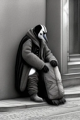 One single mature homeless penguin with worn out clothes, sitting in a corner on the street, guitar standing on the left side, Vienna, mourning, model style, hyper realistic, extremely accurate, delicate, extremely detailed, Graphic novel style, wide-angle, open aperture, superfine pencil