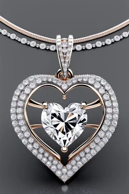 Create a visually stunning and luxurious image of a diamond necklace with a big symmetrical heart shape diamond at the center and 3 layers loops of small round diamonds around it