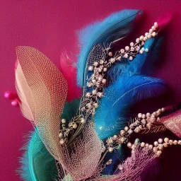 delicate bouquet of lace pearls and feathers, chiaroscuro, vivid colors, festive colors, dramatic lighting, beautiful composition, aesthetic layout