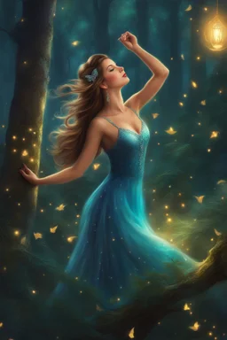 Painting of a dream girl in a fantasy forest, glitters in the forest background, haunted forest, digital painting, inspired by thomas kinkade, fantasy painting, dancing girl, song, fantasy art, fantasy girl, beautiful girl, beautiful face, young girl, beautiful painting, forest In the background, dark night, glitter in the background, fantasy forest, high quality, 4k