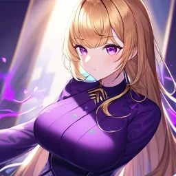 8k, Girl, high quality, detailed, golden hair, purple eyes, beautiful lighting, vibrant colors, purple lightning, purple outfit