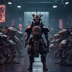 Generate an innovative and creative surrealism samurai soldier doing time travel to cyberpunk era surrounded robot army in the background has tech future building with several drones High resolution render 3D hyper real photograph high resolution shot professional photo, high detail, 40mm lens 3D Render Dark gothic