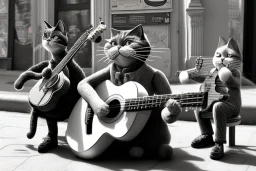 Group of three mature cats musicians, one cat playing guitar, one cat playing drums, one cat holding microphone and singing, street, Vienna, smiling, sunny day, model style, hyper realistic, extremely accurate, delicate, extremely detailed, Graphic novel style, wide-angle, open aperture, superfine pencil