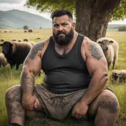 close up of a 38 year old marocan shepherd tattoed, sturdy, hairy muscular chubby, with short black beard and big nose, relaxes sitting leaning against a tree in the middle of a meadow full of grazing sheep, dressed in a dirty and ruined tank top and ruined old shorts, strong and muscular hairy legs, bare feet, photorealistic bucolic scene,