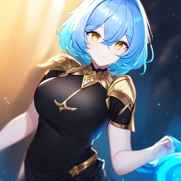 Clear focus, High resolution, short light blue fluffy hair, hair between eyes, yellow eyes, wearing black magma shorts, detailed outfit, blue and black outfit, gold accessory, female