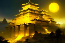 A yellow fortress with glowing halos painted by Zhang Lu