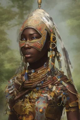 african portrait, warrior costume, village, meditation, woods, galaxy sky, 8k quality