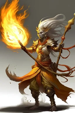 Air genasi from dnd with ashesen skin and asian flowing hair on head holding a Flaming spear in Monk attire with ash giant symbolism more ash less fire