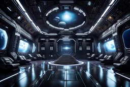 огромныфй зал космической станции приемная императора 7 галлактик в темных тонах 4k realistic photo