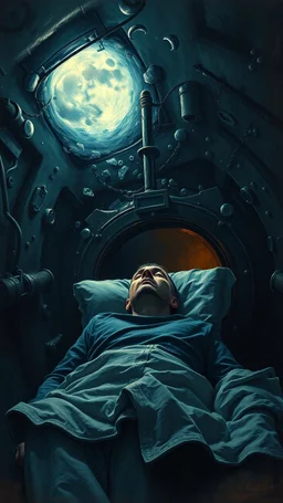 Man spends a sleepless night inside a dark submarine , paint it in the baroque style, as if the man is horrified